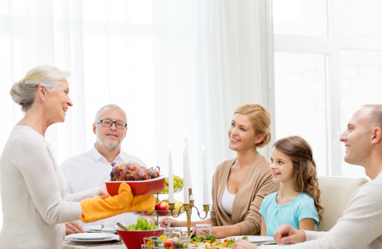 A family having Thanksgiving dinner